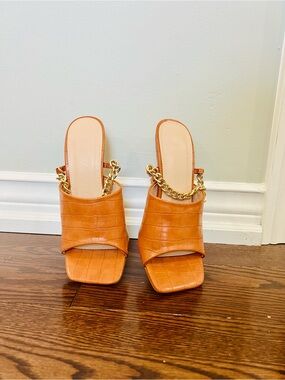 Chain-Accent Slide Mules in Cognac Croc